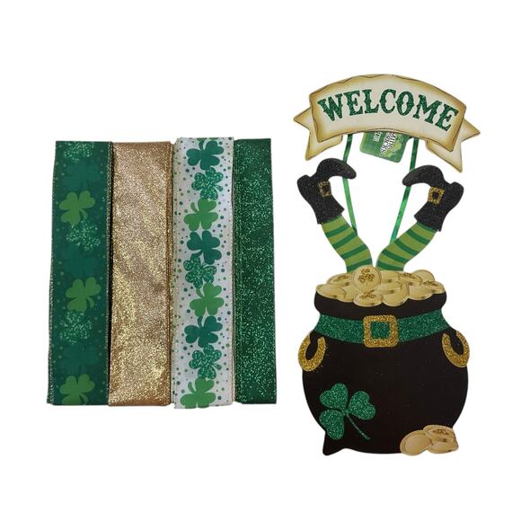 Saint Patrick’s Day Pot of Gold Sign Ribbon Bundle Set, DIY Wreath Making Kit - Picture 1 of 3